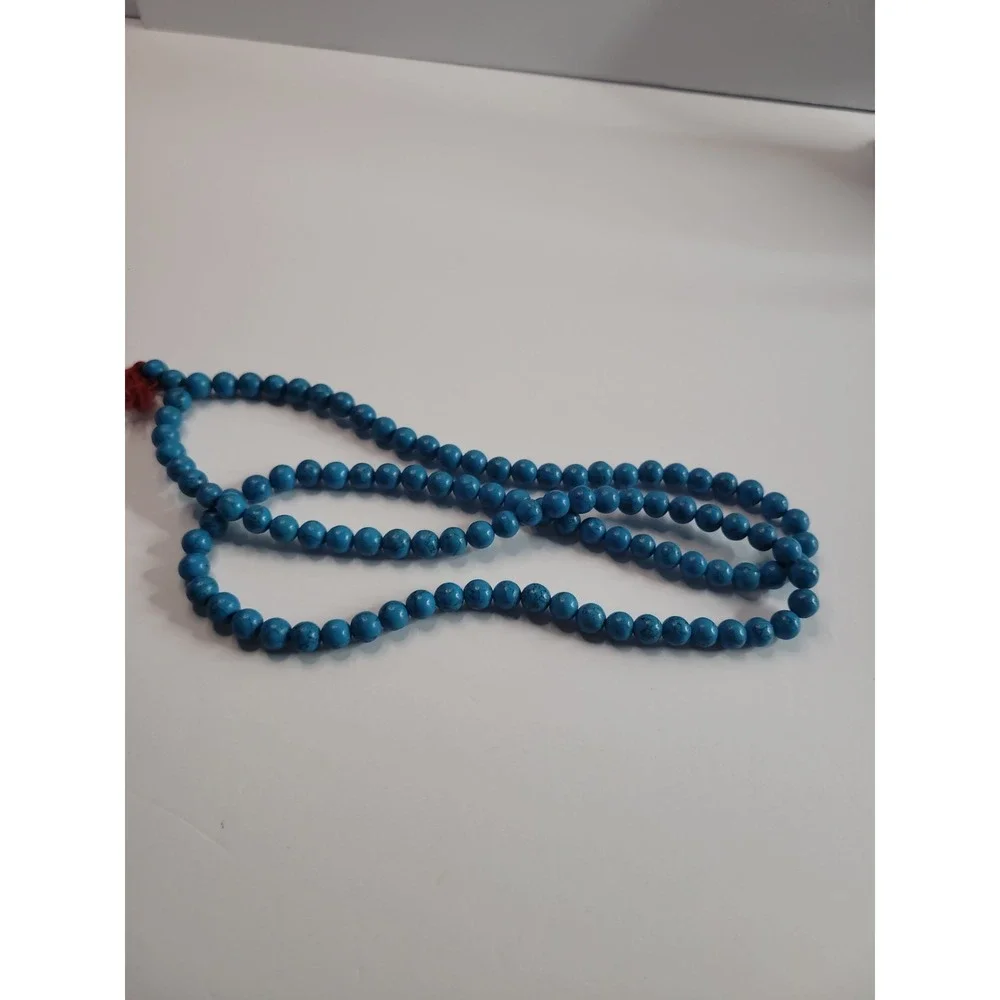 Blue Black Veined Round Bead Long Necklace Southwestern Boho Statement Jewelry
